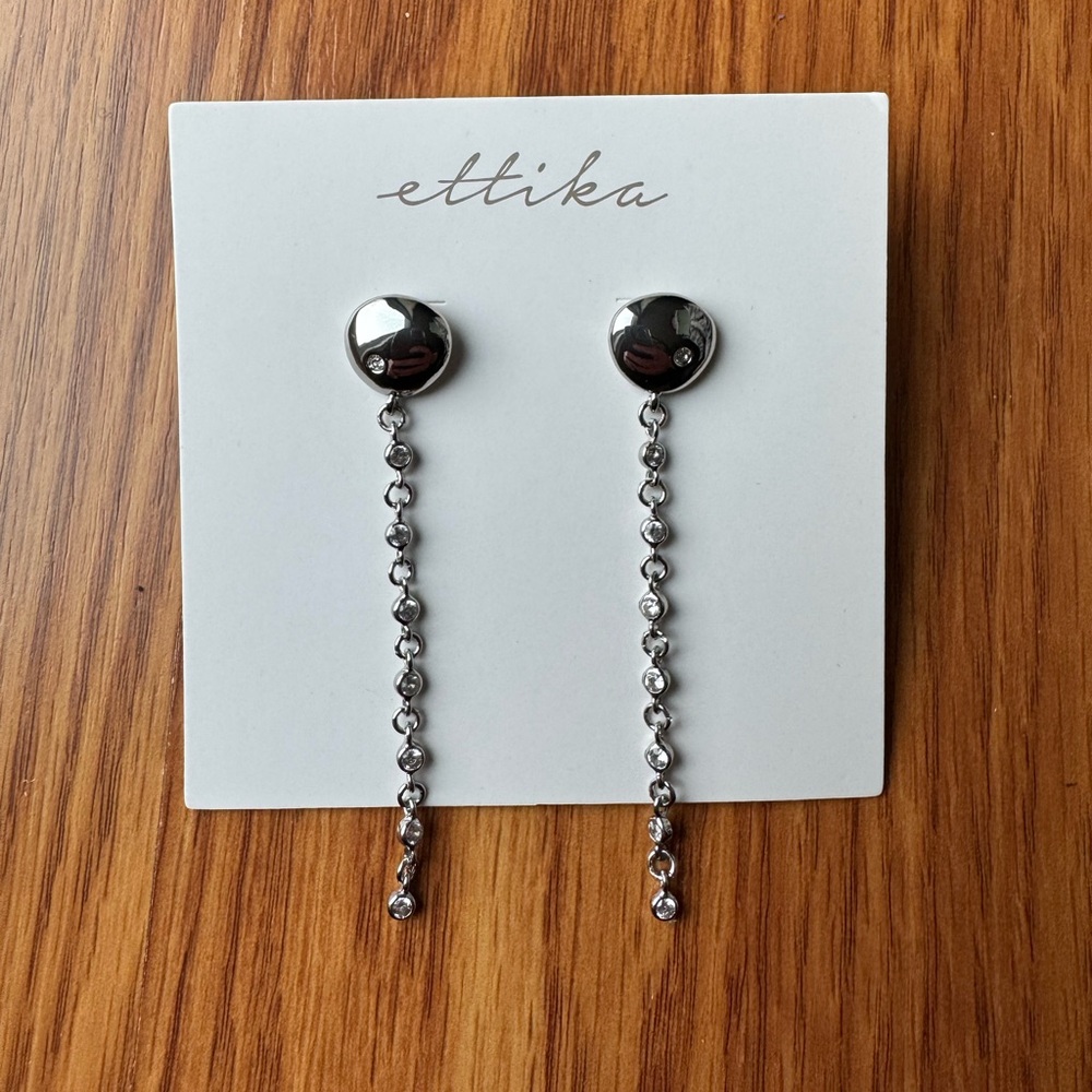 NEW Ettika Silver Pebble and Crystal Chain Drop Earrings